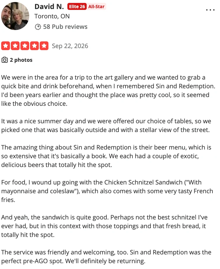 5-star review by David N. on Yelp